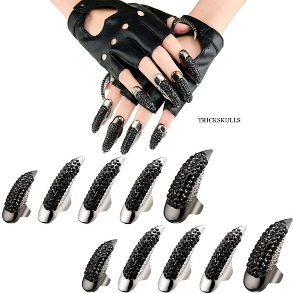 (10) Black Iced Crow Claw Fingernail Fingertip Mid Rings Nail Ring Guard Nails - Picture 5 of 7